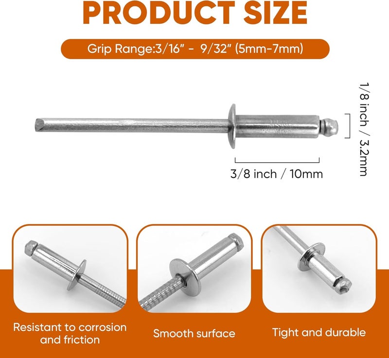 ALLCLEAN 250 Pcs 1/8"x3/8" Stainless Steel Blind Pro Rivets,3.2 x 10mm Pop Rivets,Stainless Steel Grip and Stainless Steel Mandrel - Image 2